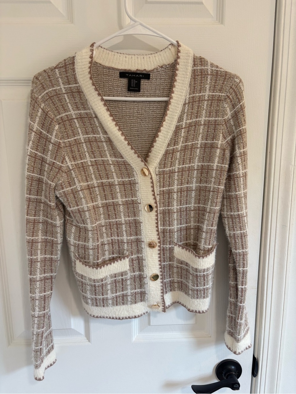 Tahari Tan & Cream Plaid Knit Button Cardigan - Size XS, NEW without tags